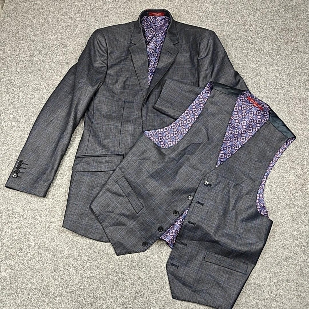 Statement‎ Suit Jacket Vest Mens 40R Gray Plaid Wool Cashmere 2 Piece Slim Fit